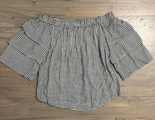 Marled Reunited Clothing  black and white gingham print off shoulder medi…