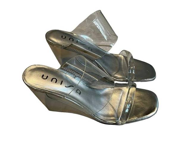 Unisa  Nietra Clear Lucite & Silver Wedge Slide Sandal, Sz 6