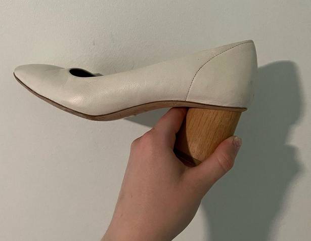 COS  Cream Leather Round Toe Wooden Heel Pumps