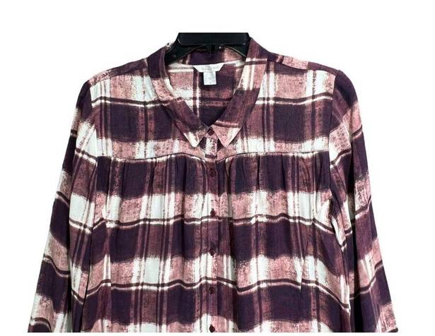 Garnet Hill  Womens Plaid Crepe Tunic Top 6 Brown White Long Sleeve Half Button