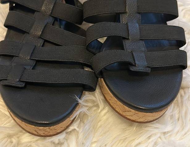 Eileen Fisher  Black Leather Gladiator Wedge Sandals