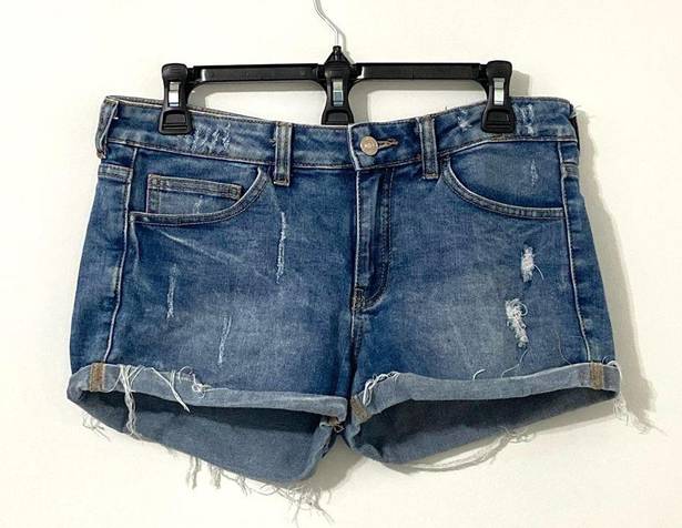 Mango Denim & Tees Blue Denim Cut Off Cuffed Shorts with Frayed Hem Size 6