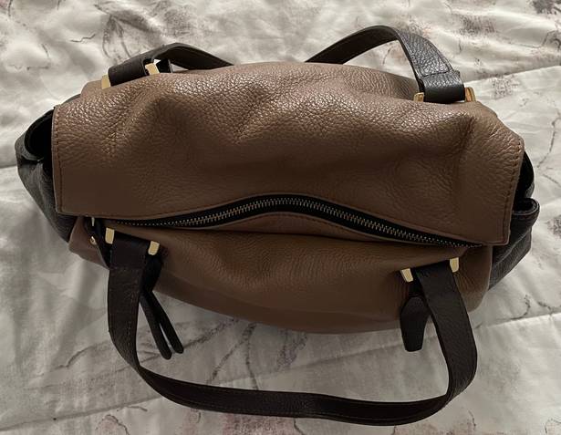 Vera Pelle Leather Tan & Brown Colorblock Shoulder Bag Handbag, size 14x14x4 Made in Italy