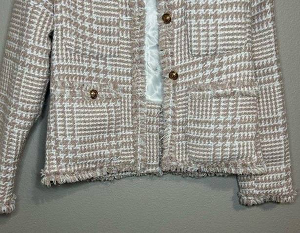 Houndstooth Beloved neutral pink fringe trim  tweed blazer size small