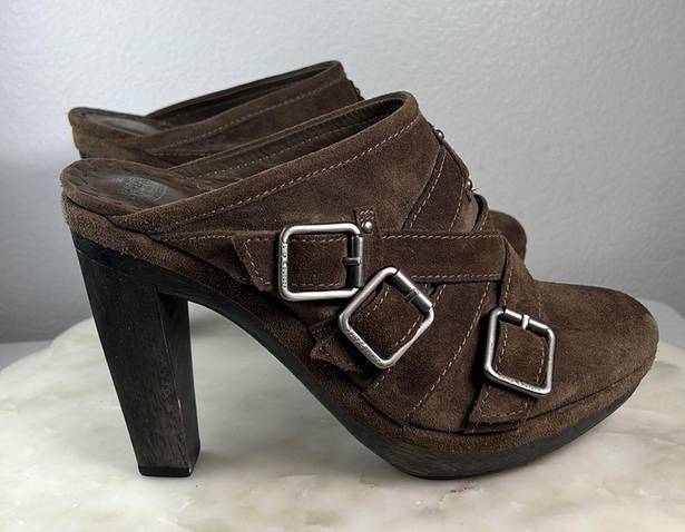 Juicy Couture  Y2K Taupe Suede Leather Heeled Mule Bootie Chunky Buckles Size 8.5