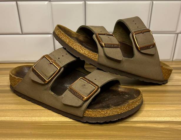 Birkenstock Sandals Womens 37 Arizona Slides Slip On Flats Olive Leather Casual