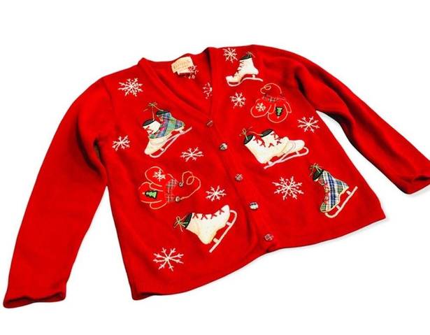 Basic Editions  Vintage Holiday Ice Skate Print Christmas Sweater Cardigan Small