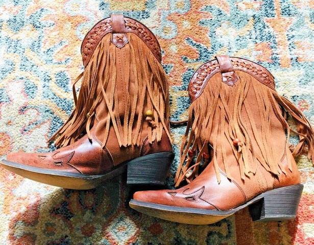 Dingo  Brown Leather Cassidy Cowboy Western Fringed Braided Wood Beads Boots 8