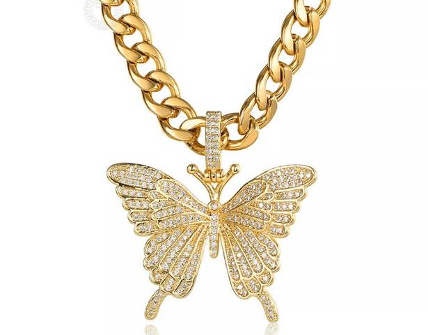 Custom Made NEW gold Plated Cuban Link Butterfly Chain Necklace