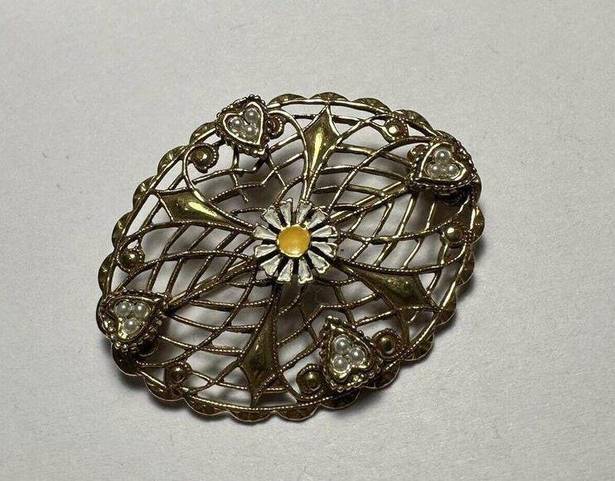 Daisy White  Flower Gold Tone Filigree Brooch Pin