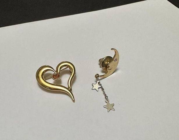 The Moon Lot Of 2 Signed Avon Gold Tone Brooch / Lapel Pin Heart / 