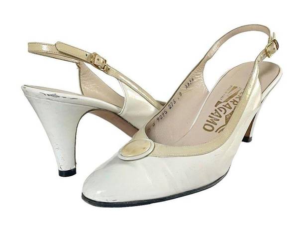 Salvatore Ferragamo Vintage Ferragamo Slingback Heels White & Bone Leather Women’s Size 8 Pump Italy