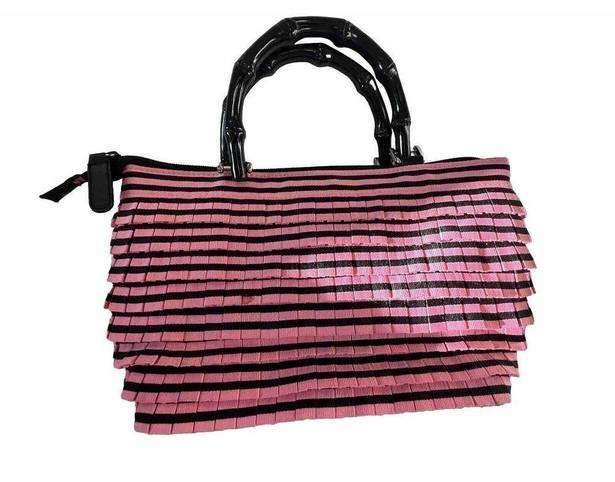 Sonoma Pink & Black Stripe Small Party Purse Black Bamboo Handles Handbag  See*