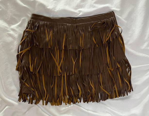 Faux Leather Fringe Tiered Cowboy Miniskirt Brown