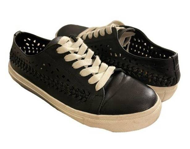 Sam Edelman  Women's Size 9M Raina Black Vegan Leather Woven Lace-Up Sneakers