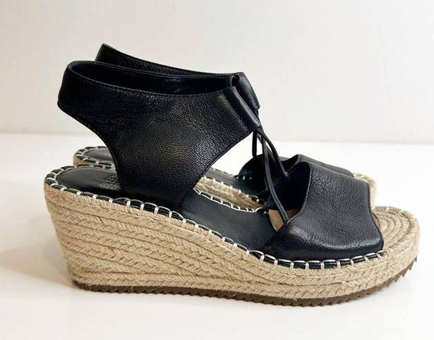 Eileen Fisher  Agnes Slip On Espadrilles Wedge Sandals Black Leather Women's 7