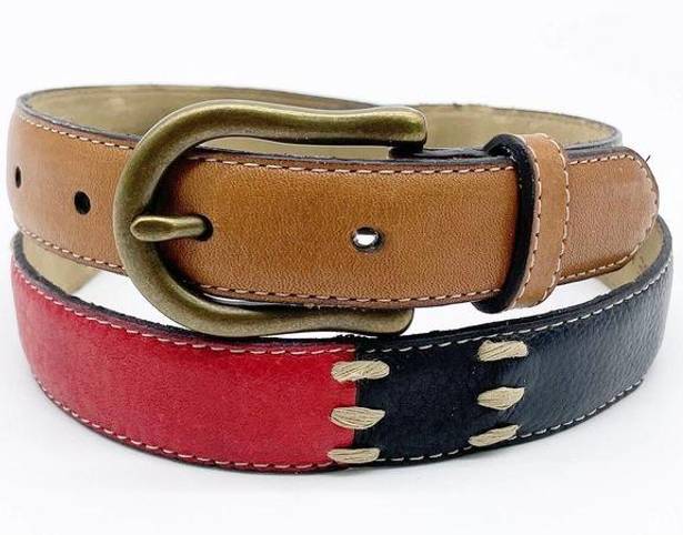 Dockers  Womens M Colorblock Belt Western Brown Red Black Leather Brass