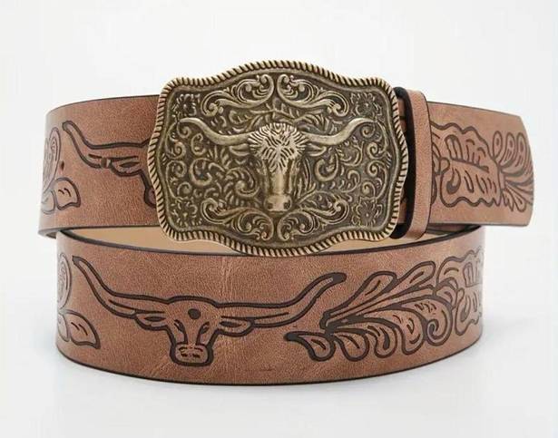 Western Bull Head Buckle Plus Size Belt Vintage Style Faux Leather Embossed 1XL Tan