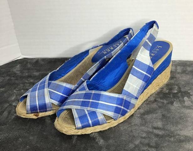 Ralph Lauren Lauren  Womens CAMARA Blue Plaid Wedge Slingback Sandals Size 10 B