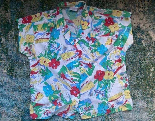 Krass&co Vintage The American  Hawaiian postcards floral button down blouse, size 16