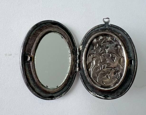 Antique locket silver pewter engraved embossed birds flowers resin mirror Victorian