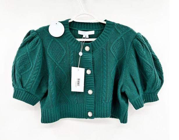 Hill House  The Ollie Botanical Garden Merino Wool Crop Puff Sleeve Green Sweater