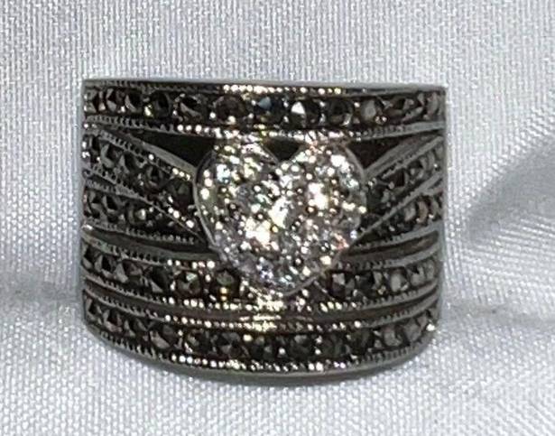 Silver and Marcasite Chunky Band Ring with Rhinestone Heart