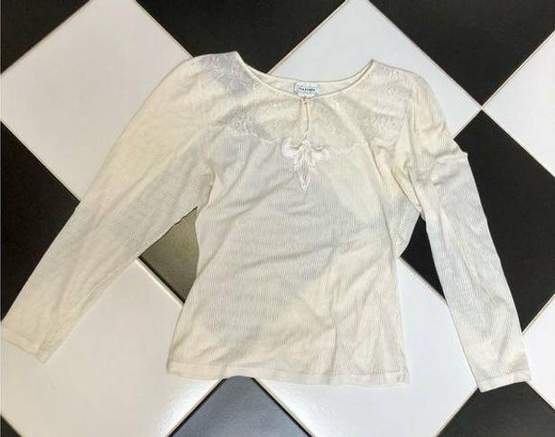 Natori Vintage 80s 90s  Sheer Lace Top Button Scoop Neck Cream Ivory White Small