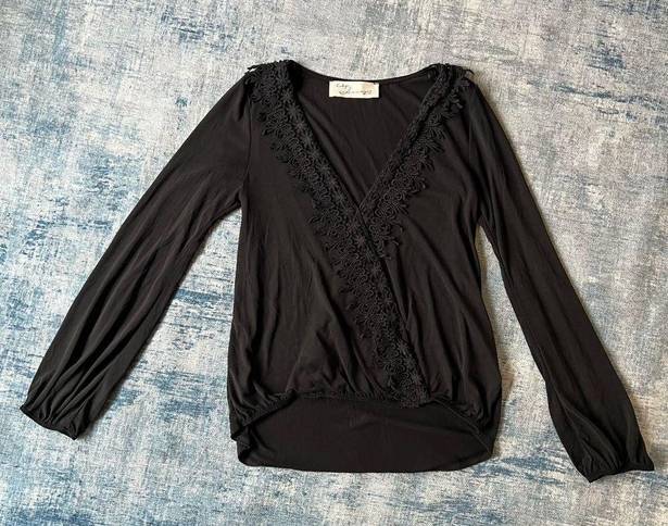 Vintage Havana  Crochet Deep V Neck Faux Wrap Long Sleeve Blouse Small