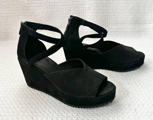 Eileen Fisher  Wylee Black Suede Peep Toe Platform Wedge Heel Sandals 7