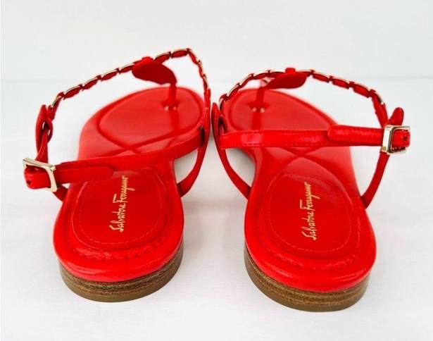 Salvatore Ferragamo  Tahiti Embellished Coral Leather Thong Logo Flat Sandals 9.5