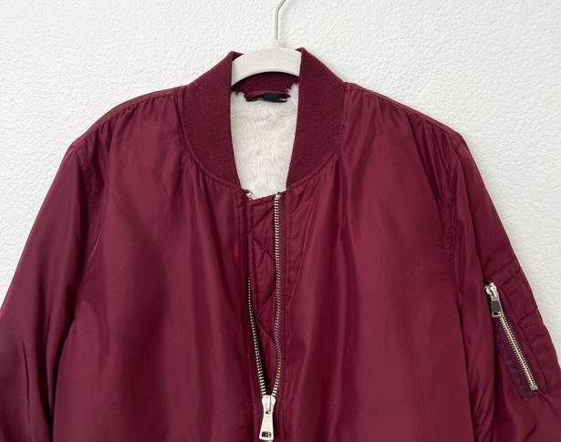 Topshop [] Burgundy Red Faux Fur Lined Oversized Bomber Flight Jacket Size 8 Tall