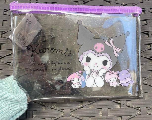 Sanrio  Transparent Glitter Black Purple Trim Zipper Bag With Kuromi Saying