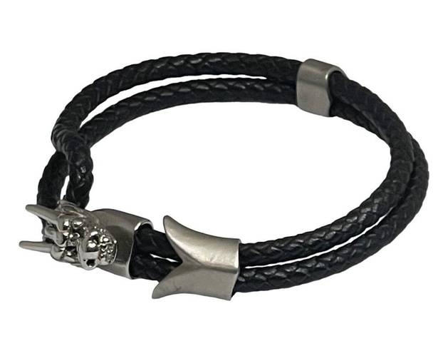 The Row Steeltime  Dragon Double Braided Leather Bracelet  Black Silver  Unisex