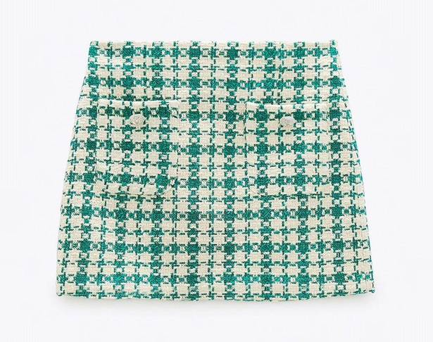 ZARA Green White Bejeweled Knit Plaid Mini Skirt