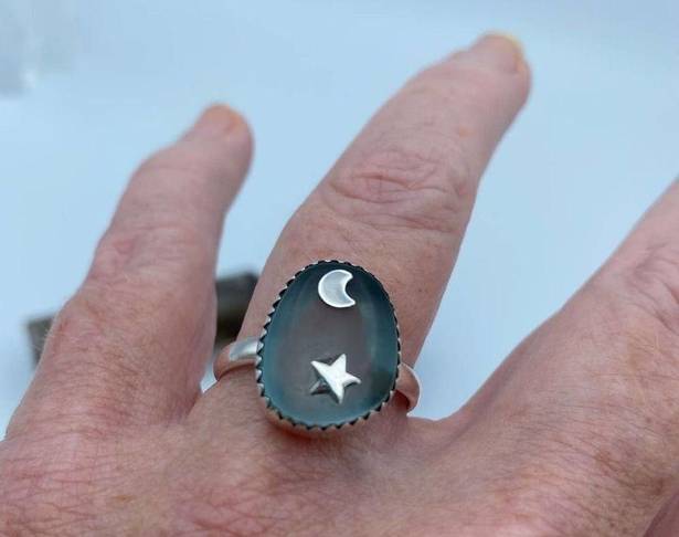 The Moon  & Star Sea Tumbled Sea Foam Sea Glass Sterling Silver Ring Size 10