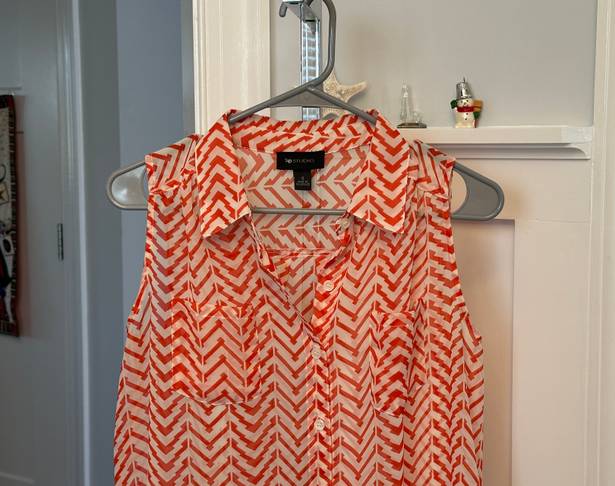 AB Studio Sz S Fabulous Sleeveless Blouse Button Down Shirt Coral & White