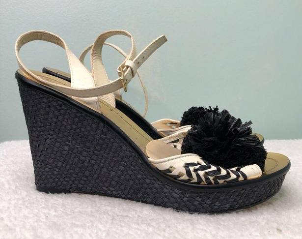 Kate Spade  Straw Rafia, Leather Wedge Sandal Pom Pom 6.5