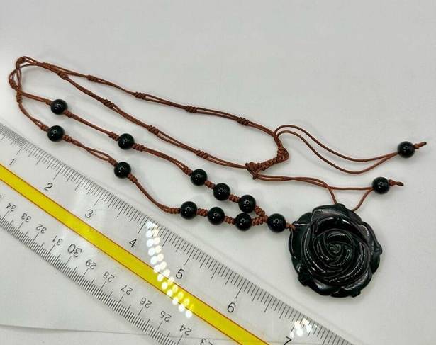 Onyx black  flower beaded pendant necklace on cord