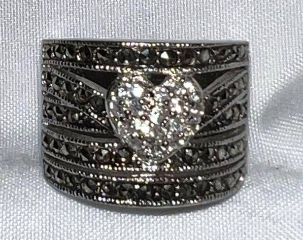 Silver and Marcasite Chunky Band Ring with Rhinestone Heart