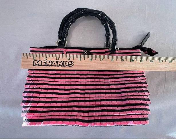 Sonoma Pink & Black Stripe Small Party Purse Black Bamboo Handles Handbag  See*