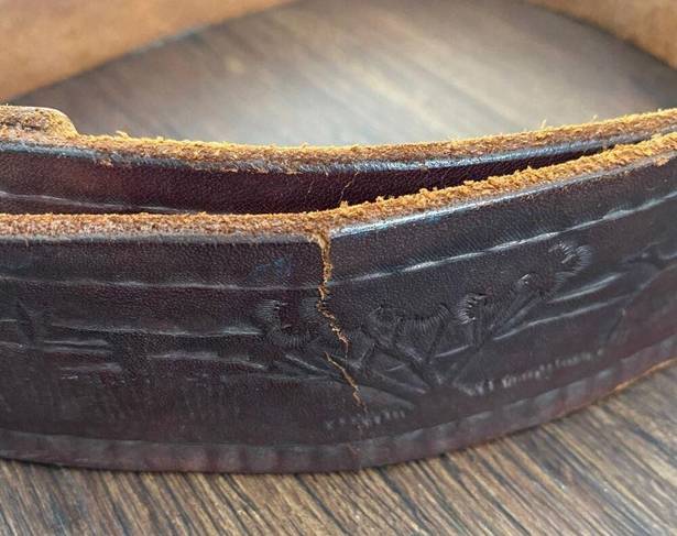 Vintage brown tooled leather western brass clasp belt