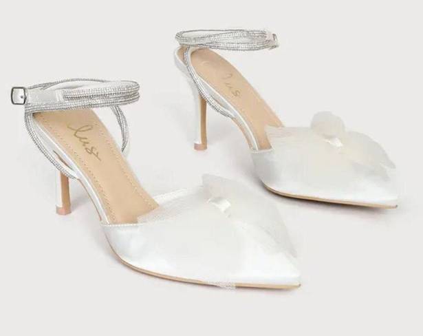 Lulus Lelanee White Satin Rhinestone Bow Ankle Strap Pumps