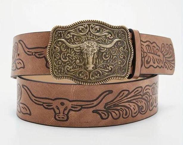 Western Bull Head Buckle Unisex Belt Vintage Style Embossed 37” Faux Leather Tan