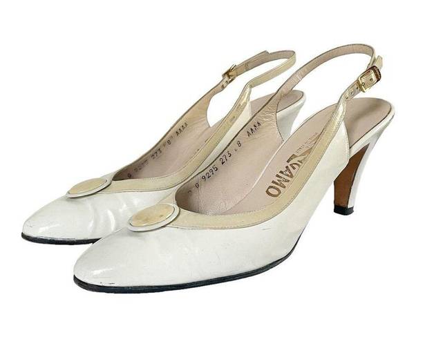 Salvatore Ferragamo Vintage Ferragamo Slingback Heels White & Bone Leather Women’s Size 8 Pump Italy