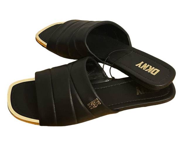 DKNY  Logo Flat Slides Womens Sz 8.5M Black Gold Accents Square Toe Faux Leather