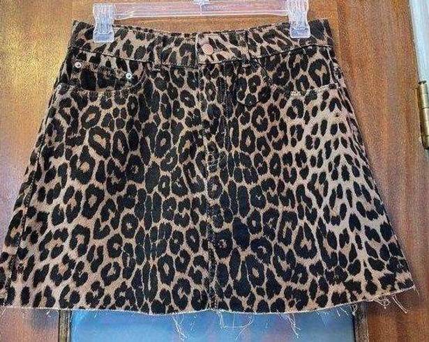 ZARA Women Cotton Leopard Print Raw Hem Denim Mini Skirt NWOT-M