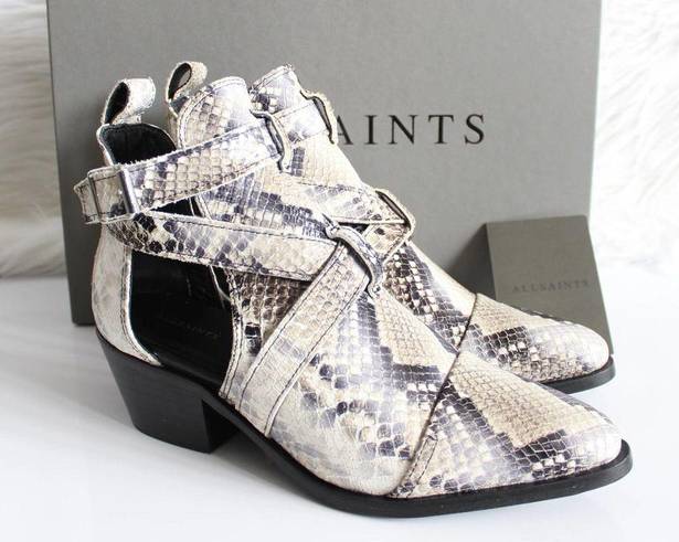 ALLSAINTS  Darcy Pointed Toe Ivory Python Snake-Print Leather Cutout Ankle Boots