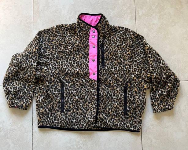 American Eagle  Outfitters Leopard Print Neon Pink Fleece Bomber Jacket Size M