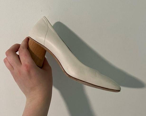 COS  Cream Leather Round Toe Wooden Heel Pumps